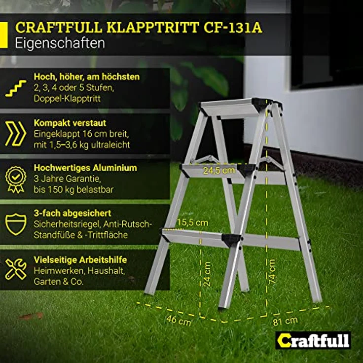 Craftfull Doppel-Klapptritt CF-131A Trittleiter Stufenstehleiter Alu Leiter (2 x 3 Stufen) – Bild 3
