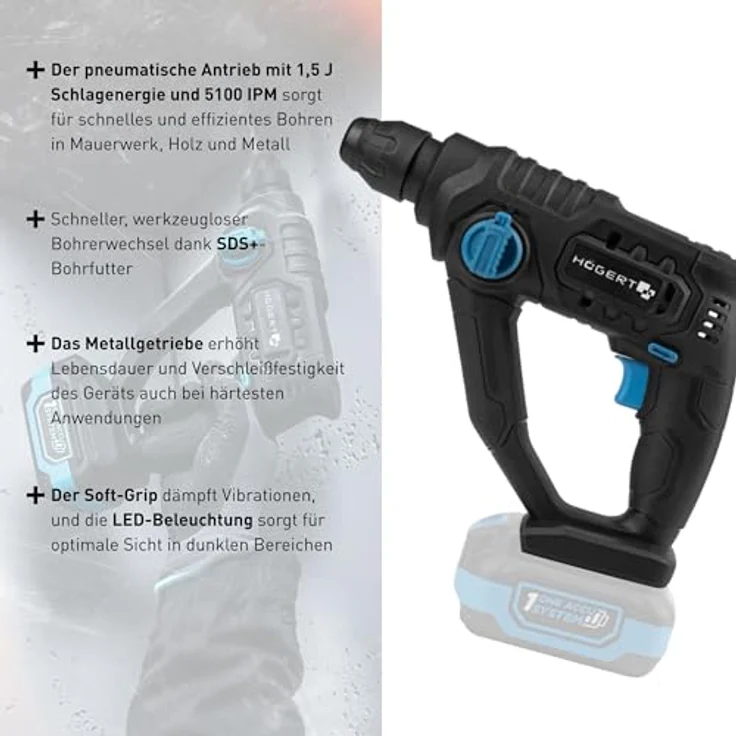 HÖGERT TECHNIK Akku-Schlagbohrhammer 18V OneAccuSystem, 1,5 J Schlagenergie, SDS+ Bohrfutter, 5100 IPM, LED-Beleuchtung für Mauerwerk, Beton, Holz und Metall, ohne Akku – Bild 3