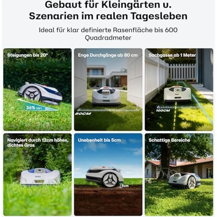 RoboUP Raccoon 2 SE, Rasenmäher Roboter ohne Begrenzungskabel, KI-gesteuert, max. 600㎡, 5Ah Schnelllade-Akku, App-Steuerung, 3-8cm Schnitthöhe, 20° Steigung, flüsterleise 56 dB – Bild 2