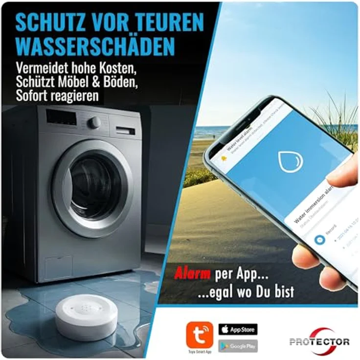PROTECTOR Wasseralarm WA-3 WiFi, kompakter Wassermelder mit App-Benachrichtigung, detektiert Fuß- und Tropfwasser, batteriebetrieben – Bild 2