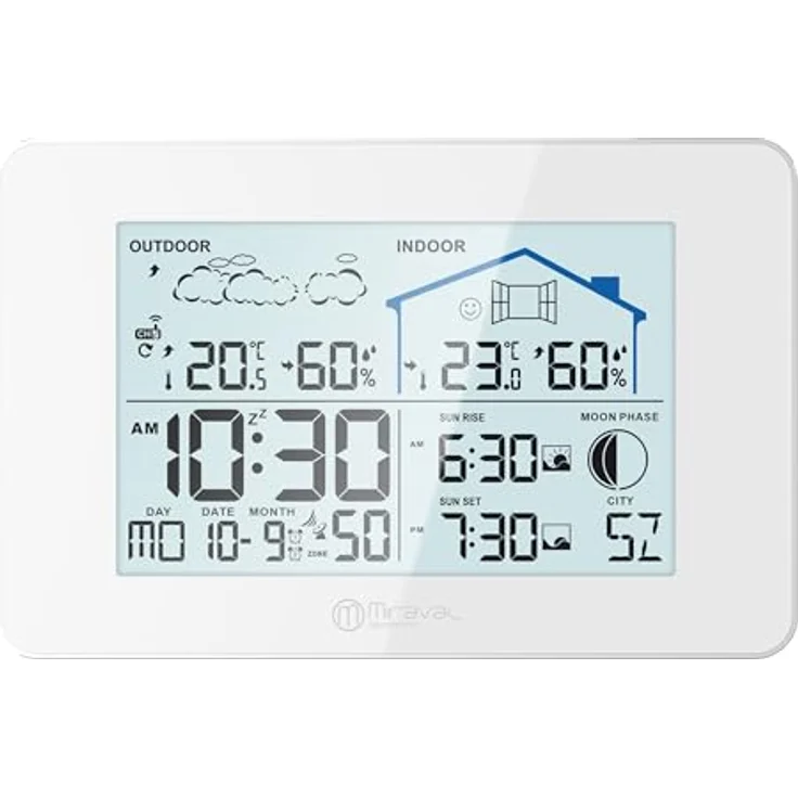 Miraval Funkwetterstation mit Außensensor, Datumsanzeige, Mondphase, Sonnenaufgang, 2 Alarmen, Luftfeuchtigkeit, großer Display, modern (Weiß) – Bild 2