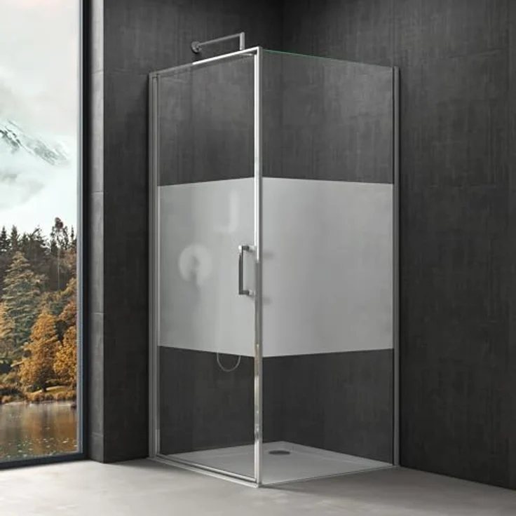 doporro Ravenna36-Plus Eck-Duschkabine 80x90x195cm, Milchglas Streifen, Hebe- und Senkmechanismus, ESG-Sicherheitsglas, beidseitige Easy-Clean-Beschichtung, Aluminiumrahmen – Bild 1