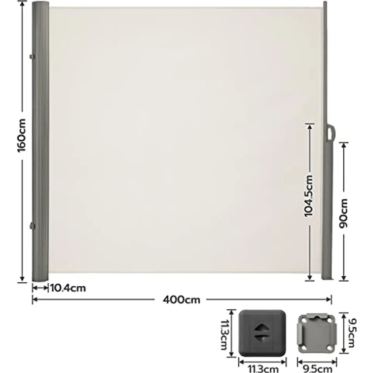 LARMNEE Alu-Seitenmarkise EBE164BP02, ausziehbar 160 x 400 cm, blickdicht, wasserdicht, UV-Schutz, für Balkon, Terrasse, Garten, Beige – Bild 2