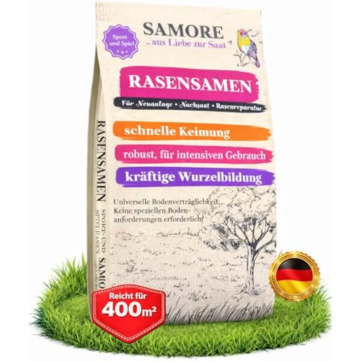 Samore Rasensamen Sport und Spiel, 10 kg - schnellkeimend, für 400 m², robust, tiefgrün, trocken- und dürreresistent, Made in Germany