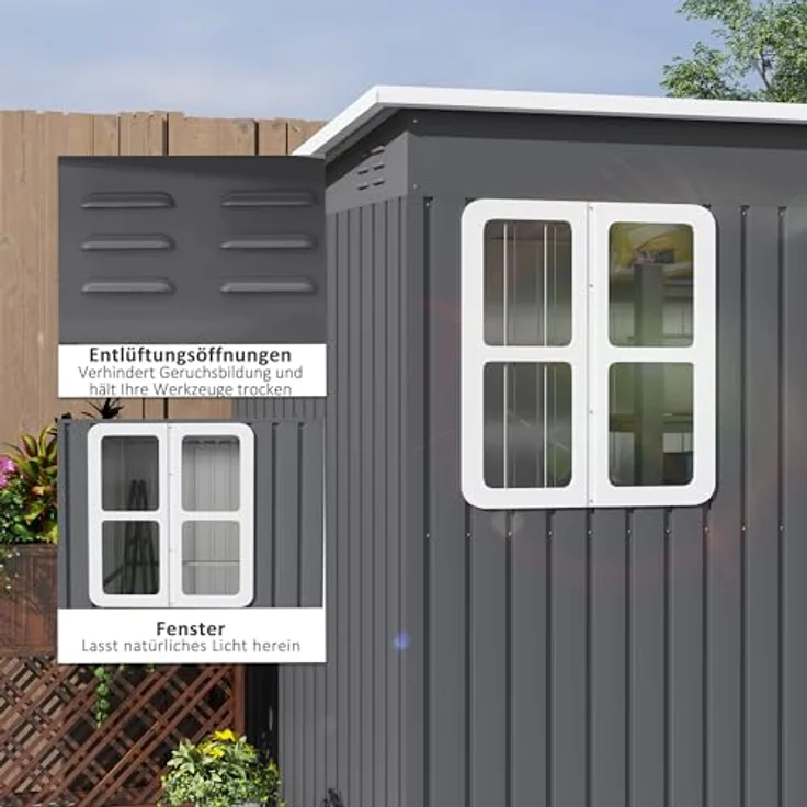 Outsunny Gerätehaus, 4,13 m³, Gartenhaus mit Fenster, abschließbare Tür, wetterbeständig aus Stahl, Dunkelgrau, 260 x 177 x 190 cm – Bild 4