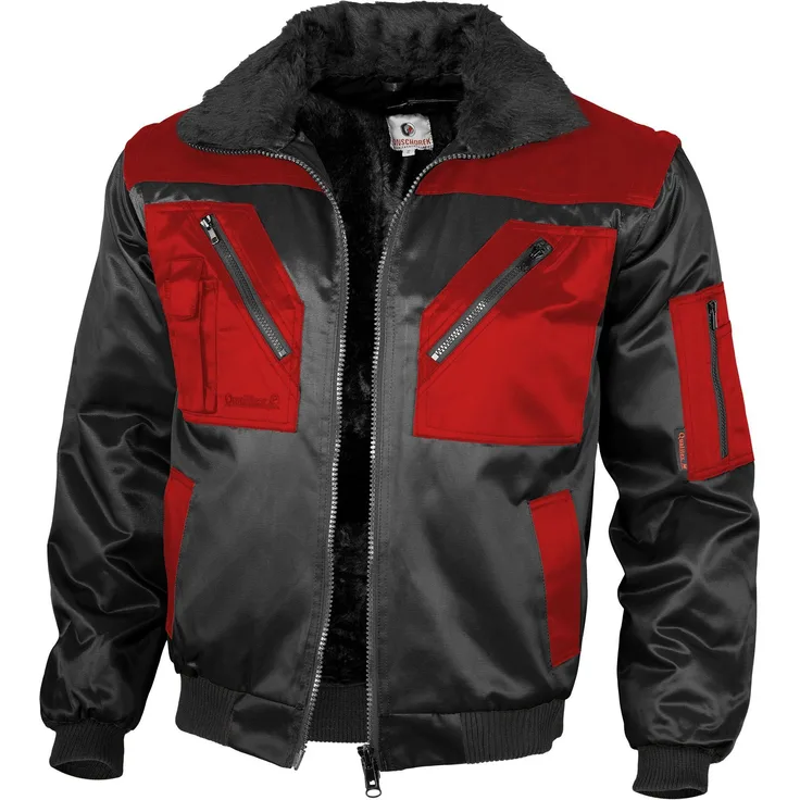 Qualitex Workwear Pilotenjacke zweifarbig schwarz/rot, Gr. XXL - Austrennbares Faserpelzfutter, abtrennbare Ärmel