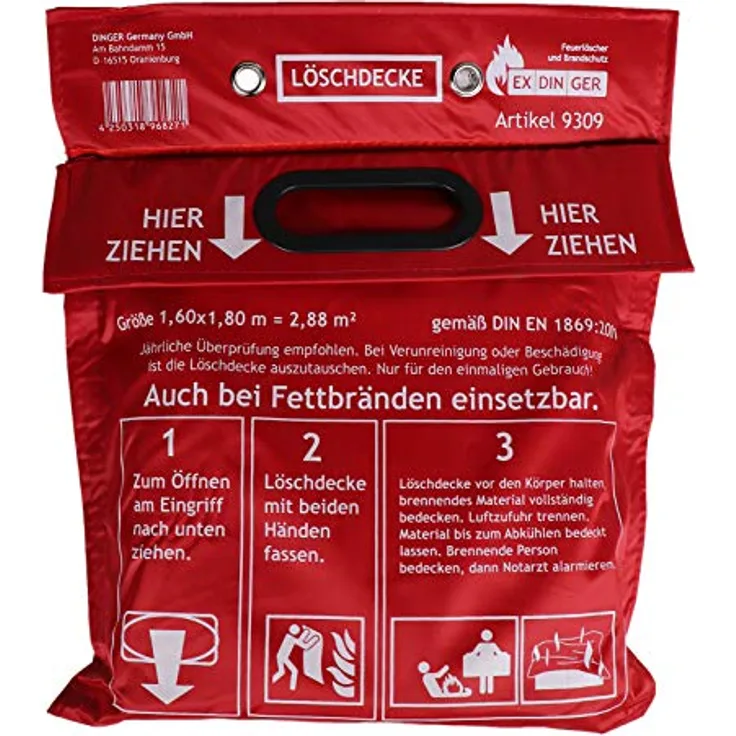 Löschdecke 1,60 x 1,80 m in Tasche zum Aufhängen mit Grifftaschen zur sicheren Handhabung