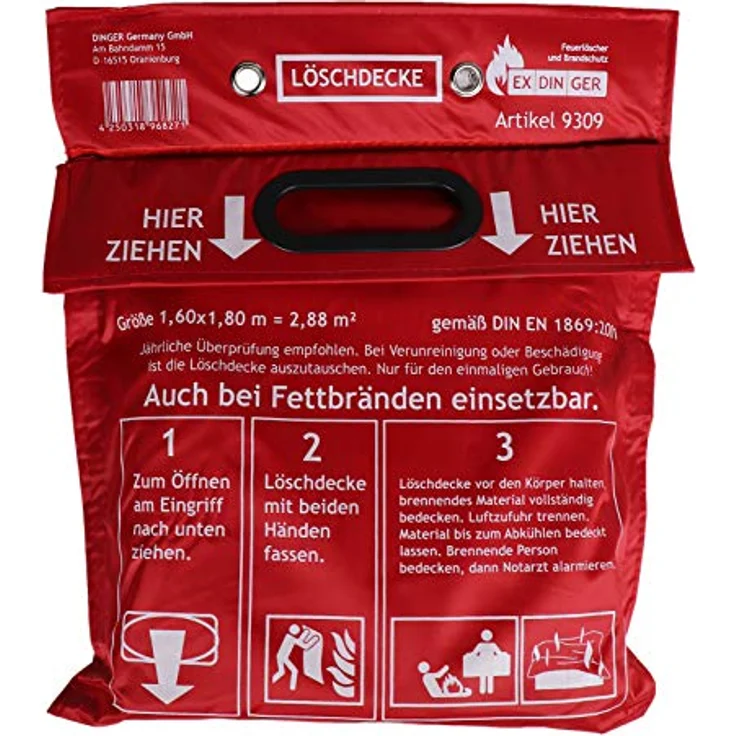 Löschdecke 1,60 x 1,80 m in Tasche zum Aufhängen mit Grifftaschen zur sicheren Handhabung – Bild 1