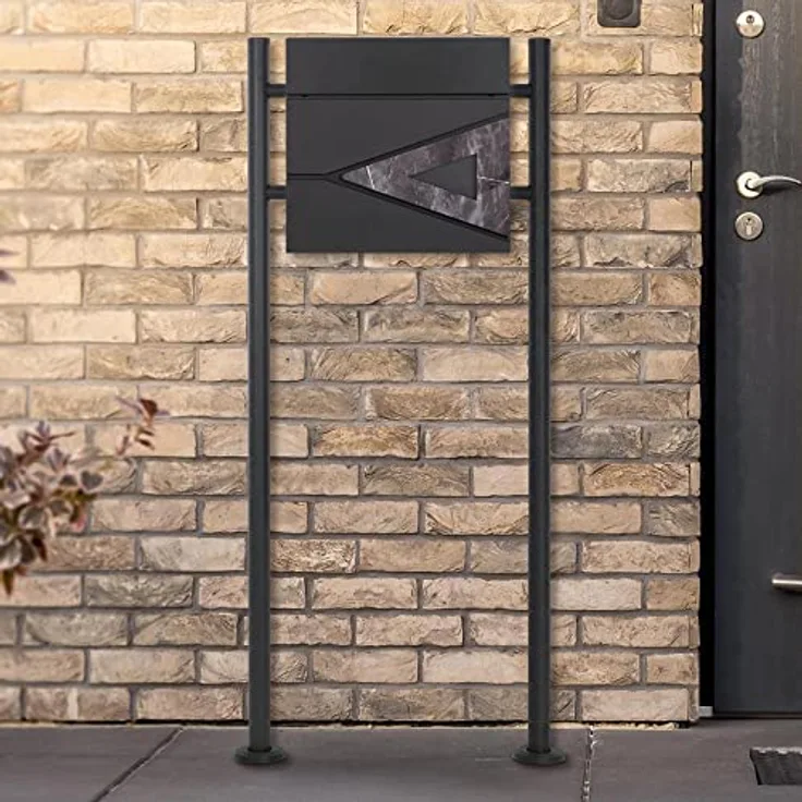 ECD Germany Standbriefkasten mit Zeitungsfach, Design Briefkasten mit Pfosten, Briefkastenanlage, Briefkastenständer Anthrazit 120cm Edelstahl pulverbeschichtet, Postkasten Anthrazit-Marmoroptik Stahl
