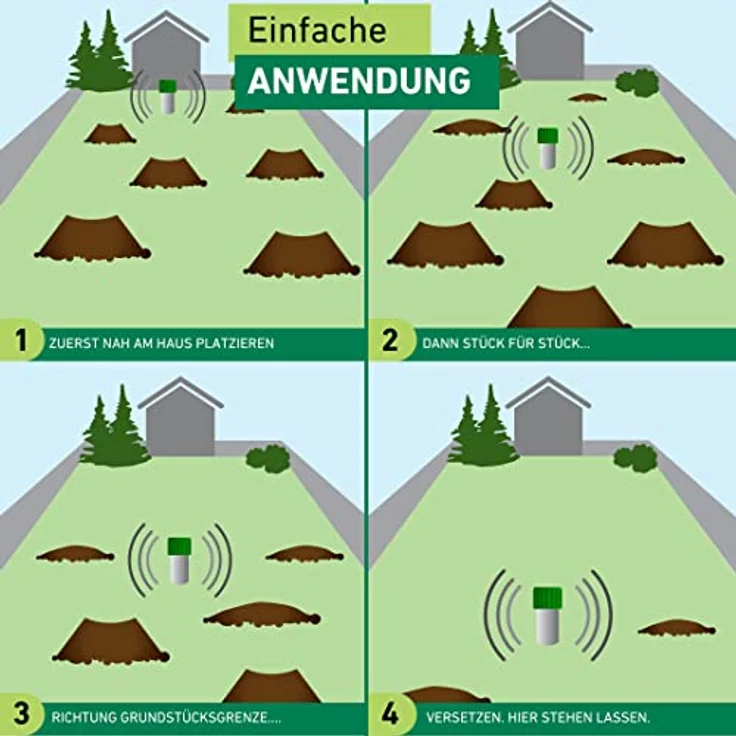 Windhager Wühlmaus Wühlmausvertreiber Aluminium, Wühlmausabwehr, Maulwurfvertreiber, Maulwurfabwehr, Wühlmausschreck, Wirkungsbereich ca. 800m², 02130, Silber, Reichweite – Bild 4