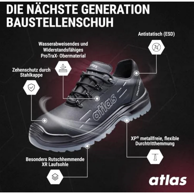 Atlas Sicherheitshalbschuh MAX 100 PRO S3 ESD W10, metallfrei, schwarz, Gr. 39, leicht und robust – Bild 2