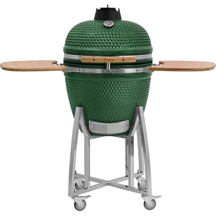 BBQ-Toro Kamado Grill Ø 52 cm "KURO", Grün | Holzkohlegrill mit Bambusablage, Thermometer, Holzgriff, Rollen | Keramikgrill Kamado, Keramik Grill mit Aktivbelüftung, Grill mit Ablage