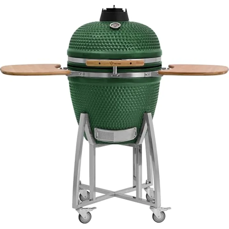 BBQ-Toro Kamado Grill Ø 52 cm "KURO", Grün | Holzkohlegrill mit Bambusablage, Thermometer, Holzgriff, Rollen | Keramikgrill Kamado, Keramik Grill mit Aktivbelüftung, Grill mit Ablage – Bild 1