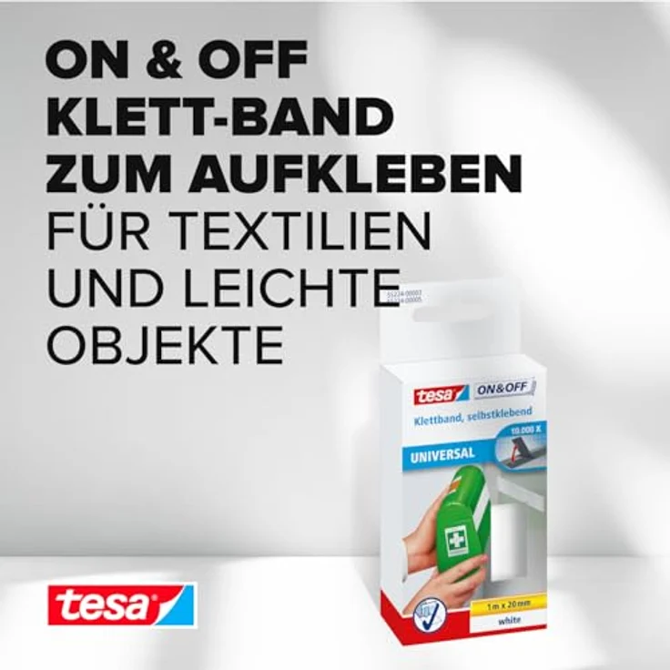 tesa On & Off Klettband zum Aufkleben - Selbstklebendes Klettklebeband zur Befestigung leichter Gegenstände - Weiß, 2 cm x 100 cm – Bild 2