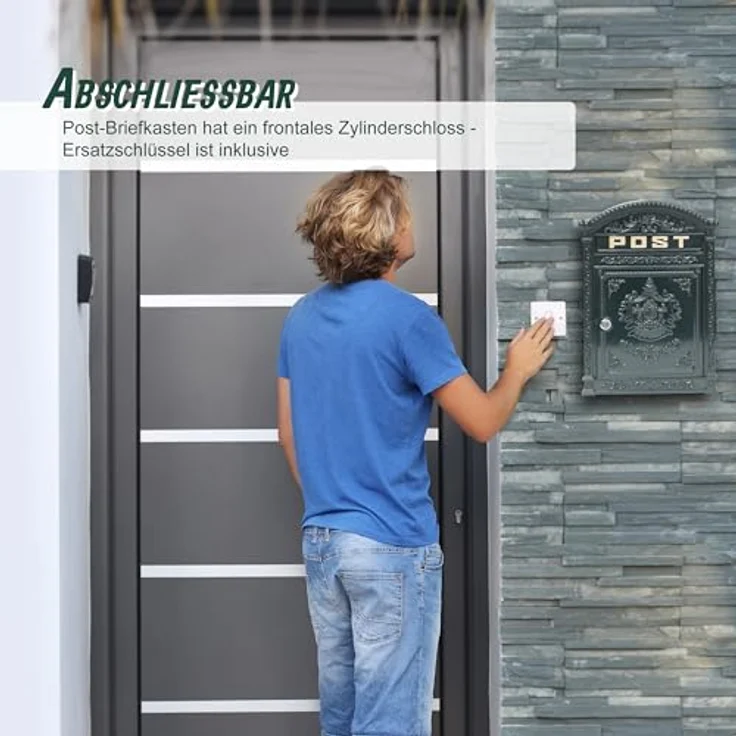 relaxdays Briefkasten Antik, grau, Vintage-Design mit Zylinderschloss und breitem Briefschlitz – Bild 3