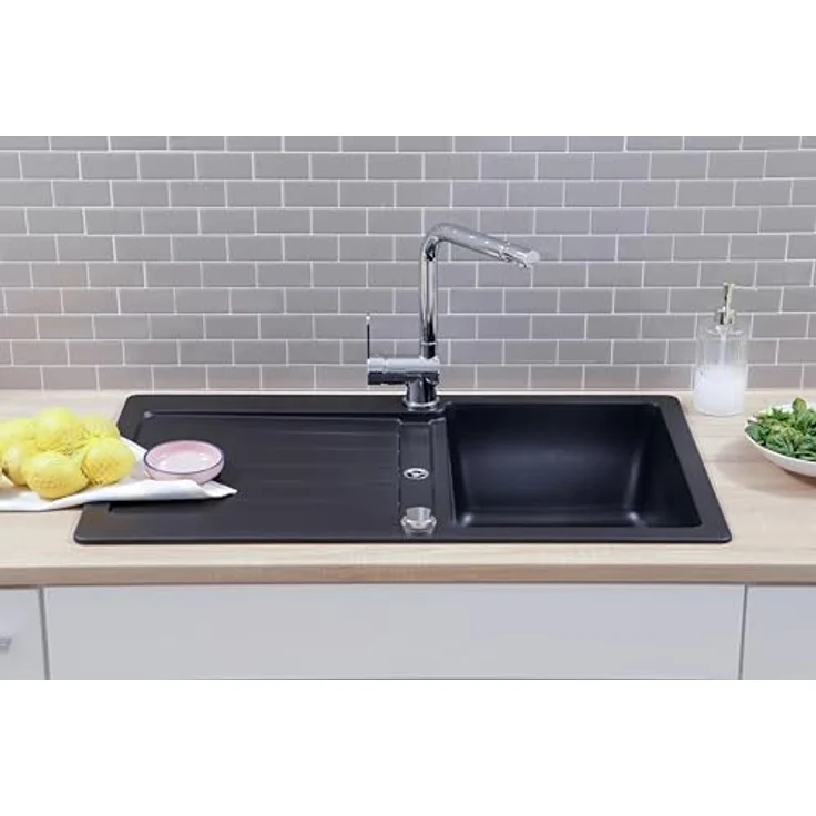 Respekta Austin Massivgranit Spüle 86 x 50 cm, hitzebeständig, 1 Becken, abgeschrägte Abtropffläche, schwarz, für Unterschränke ab 45 cm – Bild 2