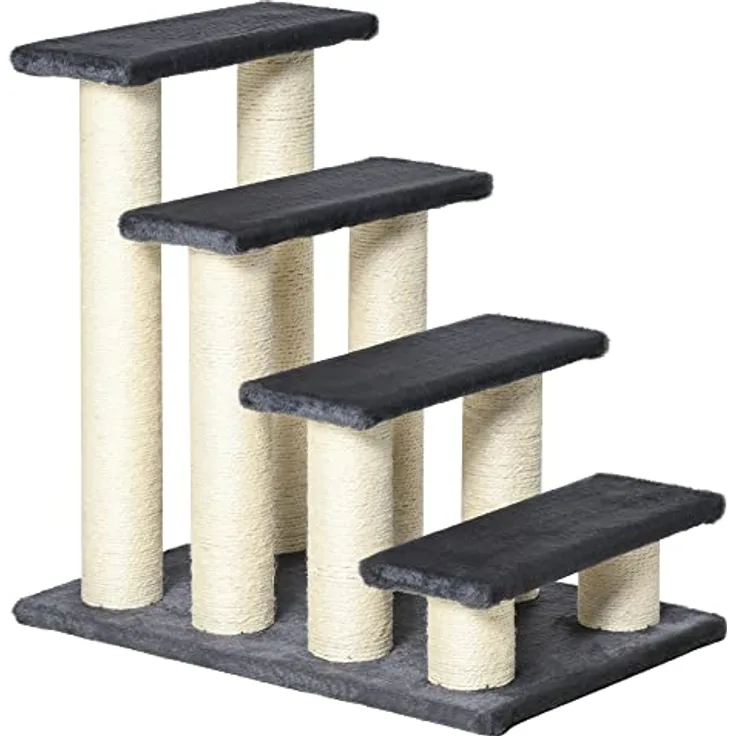 PawHut Tiertreppe Katzentreppe Hundetreppe 4 Stufen Treppe für Katze und Hunde Plüsch Grau 60 x 42 x 61 cm