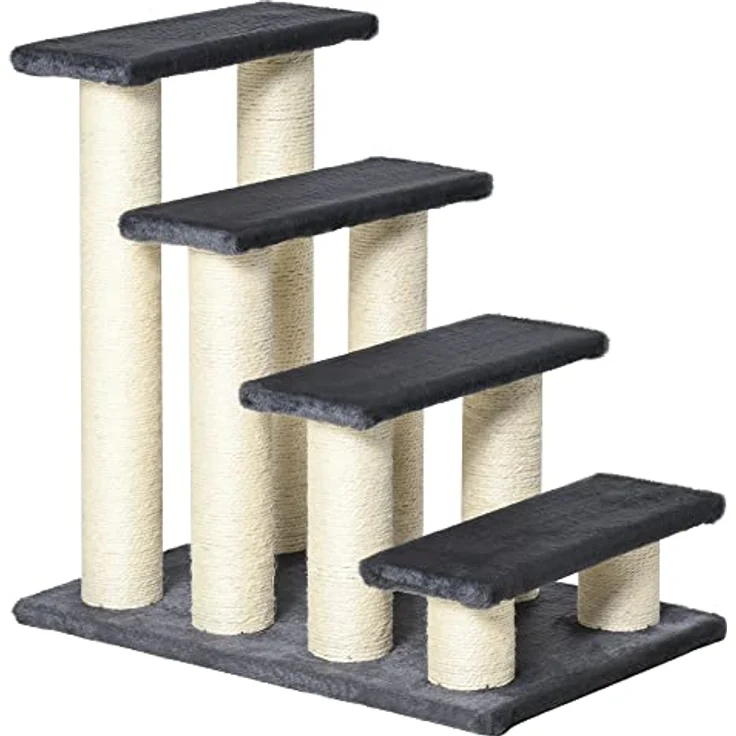 PawHut Tiertreppe Katzentreppe Hundetreppe 4 Stufen Treppe für Katze und Hunde Plüsch Grau 60 x 42 x 61 cm – Bild 1
