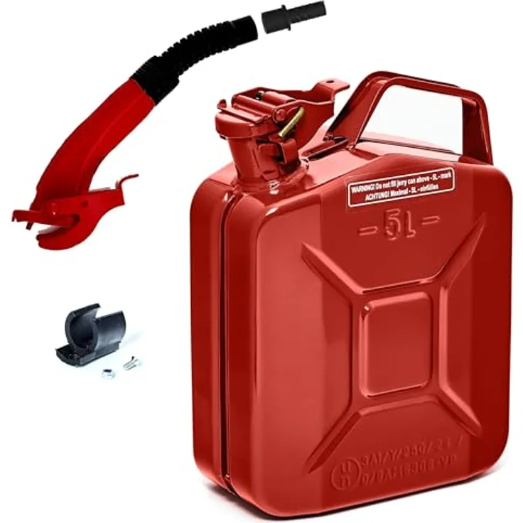BW® Kraftstoffkanister Metall Benzinkanister 5 Liter mit Ausgießer - Robuster Stahl, TÜV-geprüft und UN-Zulassung - Rot - Made in Europe
