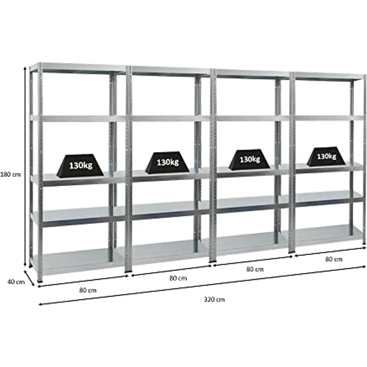 PROREGAL Mega Deal 4er-Sparset Metallregal Steel Eagle 180x80x40cm Fachlast 130kg Verzinkt Schwerlastregal, Küchenregal, Kellerregal, Steckregal, Garagenregal, Lagerregal - PROREGAL Schwerlastregal 130kg Fachlast, 180x80x40cm, Verzinkt, 4er-Sparset – Bild 2