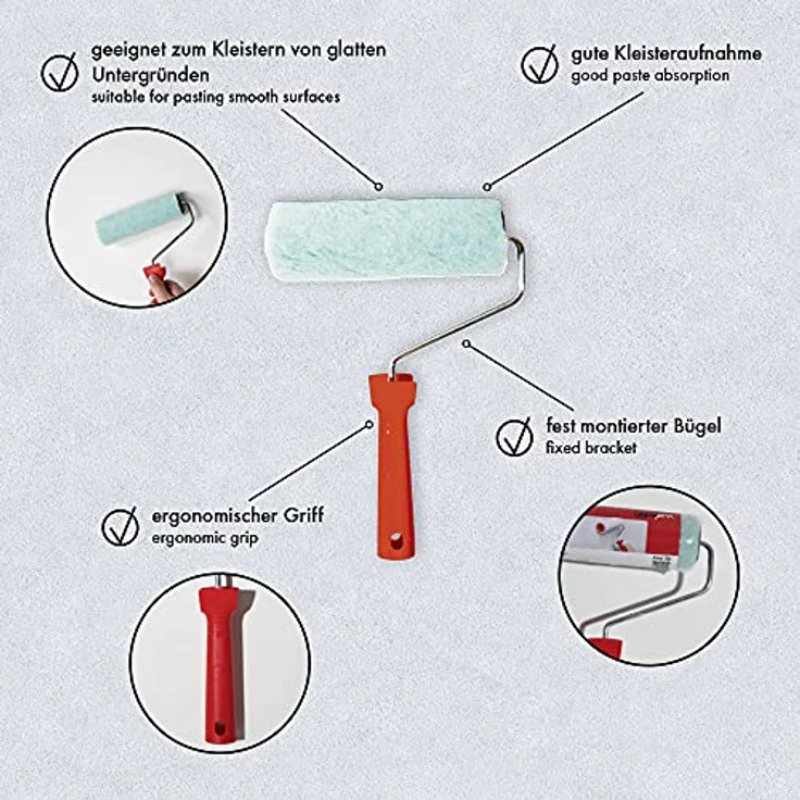 A.S. Création Kleisterroller 18 cm, Profi Kleisterauftragsroller mit ergonomischem Griff, rot – Bild 10