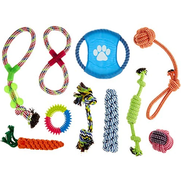 Relaxdays Hundespielzeug Set 10 teilig, Tauspielzeug, Zerrspielzeug, Hundefrisbee, Welpen, kleine & mittlere Hunde, bunt – Bild 1