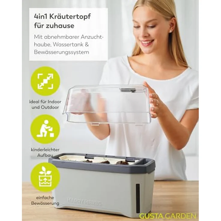 Gusta Garden HARRY HERBS Anzuchttopf mit Wasserreservoir & Wasserstandsanzeige, 4 in 1 Kräutertopf, hellgrau mit Anzuchthaube – Bild 2