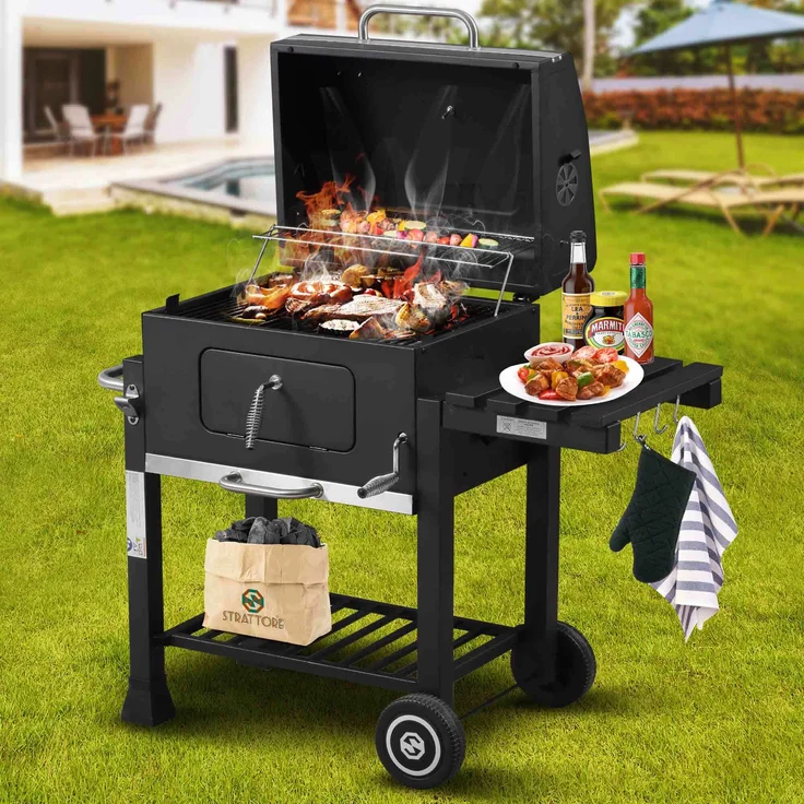 Strattore Holzkohlegrill / BBQ XL Grillwagen, schwarz, mit stufenlos verstellbarem Kohleeinsatz