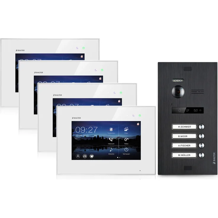Video Türsprechanlage für 4 Familienhaus, 4x Monitore, Balter EVO Schwarz