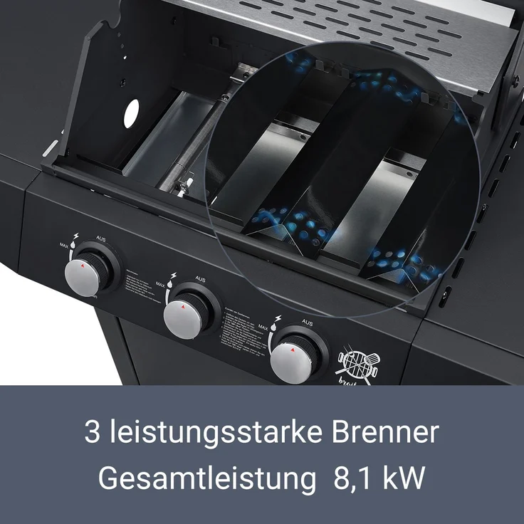 Juskys BBQ Gas-Grill Louisiana 3 Brenner Stahl-Korpus Grillrost, Deckel mit Thermometer, Warmhalterost & Seitenablagen Grillwagen Griller – Bild 3