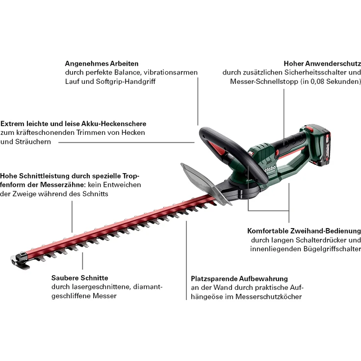 Metabo Akku Heckenschere HS 18 LTX 55 (18 Volt, Li-Ion, Messerlänge: 55 cm, Max. Schnittstärke 19 mm) ohne Akku und Ladegerät, im Karton – Bild 3