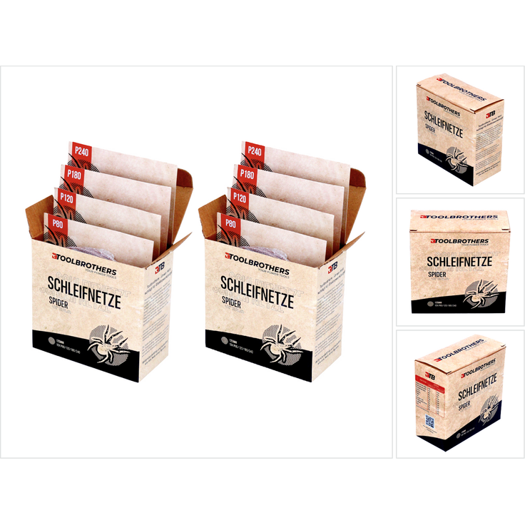 Toolbrothers SPIDER Schleifset Netzschleifmittel 2 Packungen 80x Schleifnetze 125mm Klett je 20x P80 / P120 / P180 / 240 für Hartholz, Weichholz, Lack, Stein, Stahl, Aluminium, Furnier