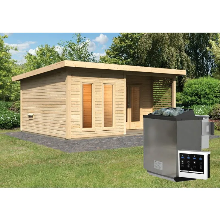 Karibu Saunahaus Mainburg 5 Set B naturbelassen mit Ofen 9 kW Bio externe Steuerung