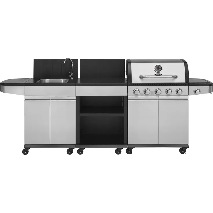 JUSTUS Gasgrill-Küche Juno, mit Edelstahlspüle, 5+1 Brenner, Edelstahl, mit Ablage