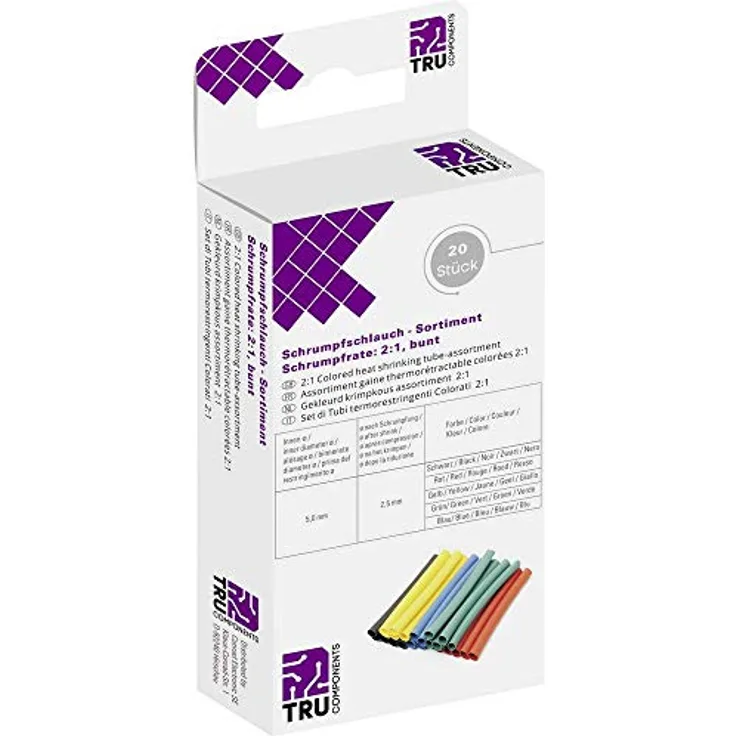 Tru Components 8435112 Schrumpfschlauch ohne Kleber Schwarz Rot Gelb Gruen Blau 20 Stück a 10 cm (8435112)
