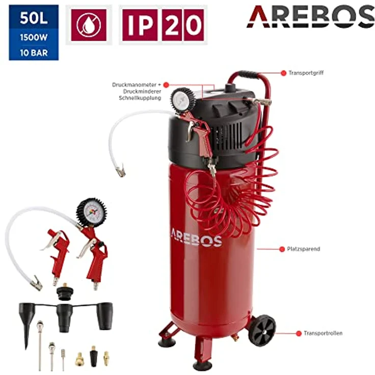 Canbolat Vertriebs Gmbh - AREBOS Druckluft Kompressor Luftkompressor 50L 10 Bar stehend 13-tlg Zubehör Rot - Rot – Bild 5