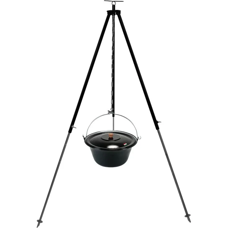 Grillplanet Holzkohlegrill Gulaschkessel Set 10 Liter Dreibein KHV Teleskopgestell 180 cm, Set, Ungarischer Gulaschkessel 10 Liter mit Teleskopgestell, emailliert, dunkel