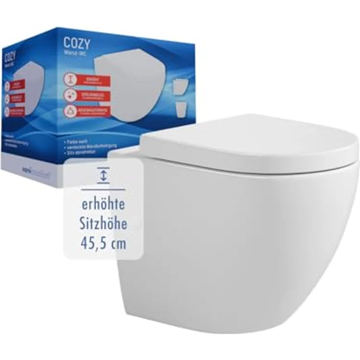 Sanicomfort Wand-WC Set "Cozy", Tiefspül-WC spülrandlos mit glänzendem weißen WC-Sitz – Bild 1