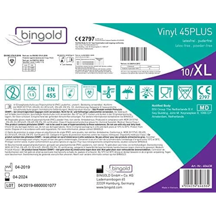 Bingold 604638 Vinyl 45Plus Einmal Handschuhe, Größe XL, Transparent, 100 Stück – Bild 2