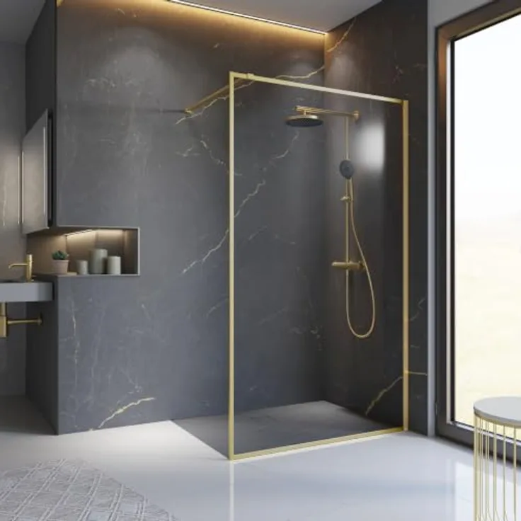 Schulte Walk-In Duschwand Trend 2.0, 90 x 200 cm, Goldoptik vollgerahmt, 6 mm ESG-Sicherheitsglas mit fixil-Glasversiegelung