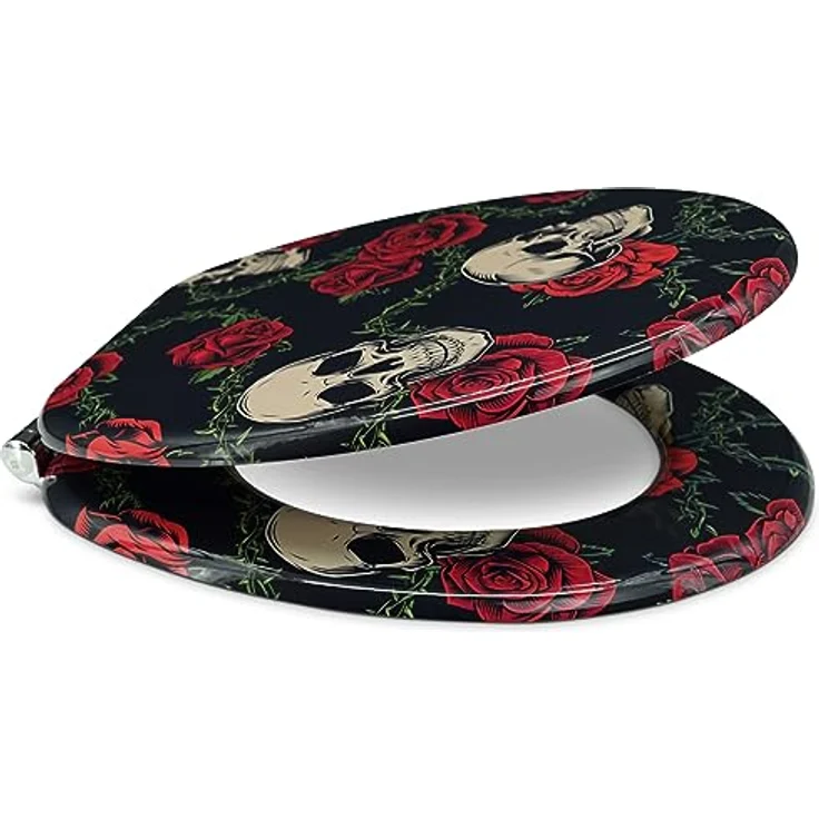 Sanfino WC Sitz Rose Skull, Toilettendeckel aus Holz mit Absenkautomatik, schwarzes Design mit Totenköpfen und Rosen – Bild 2