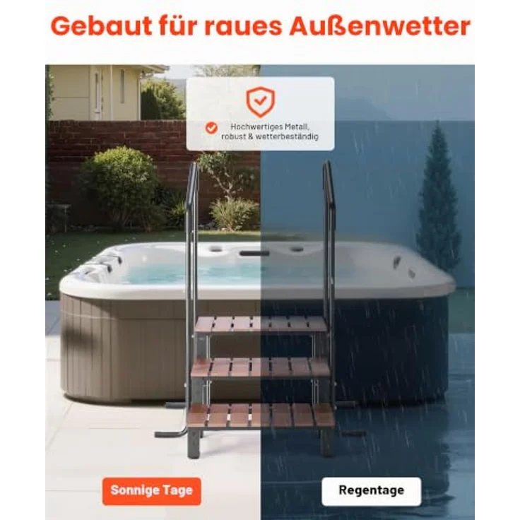 VEVOR Badewannenstufe Pooltreppe 3-stufige Außentreppe, 640 mm breit, 249 kg Tragkraft in Braun & Schwarz, rutschfeste Trittflächen, vielseitig für Pools und Terrassen – Bild 4