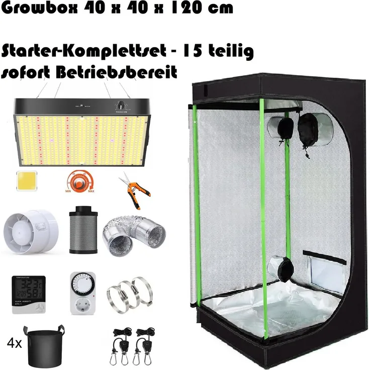 JUNG Gewächshaus Growbox Komplettset Anzuchtset mit Zuchtzelt LED-Lampe, Anbau Pflanzen, BxTxH: 40 x 40 x 120,00 cm, BxLxH: 40,00 x 40,00 x 120 cm, Growbox, Gewächshaus Komplett Set mit Abluft Cannabis Set Box Pflanze, Growzelt, Grow Box Zelt, Pflanzenlam, in grün.