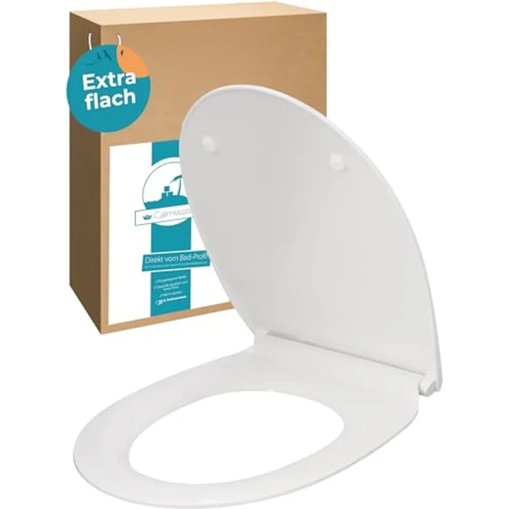 Calmwaters WC-Sitz Flach Absenkautomatik Weiß Duroplast O-Form Slim, antibakteriell, robust, abnehmbar, mit Edelstahl-Scharniere – Bild 1