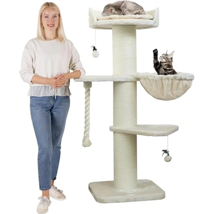 HAPPYPET Premium Kratzbaum Grosse Katzen Stabil 'Cooper' – Katzenbaum, Kletterbaum, für Maine Coon, Natursisal, Dicke Stämme mit 20 cm, 150 cm Hoch, Creme - Preisvergleich – Bild 1
