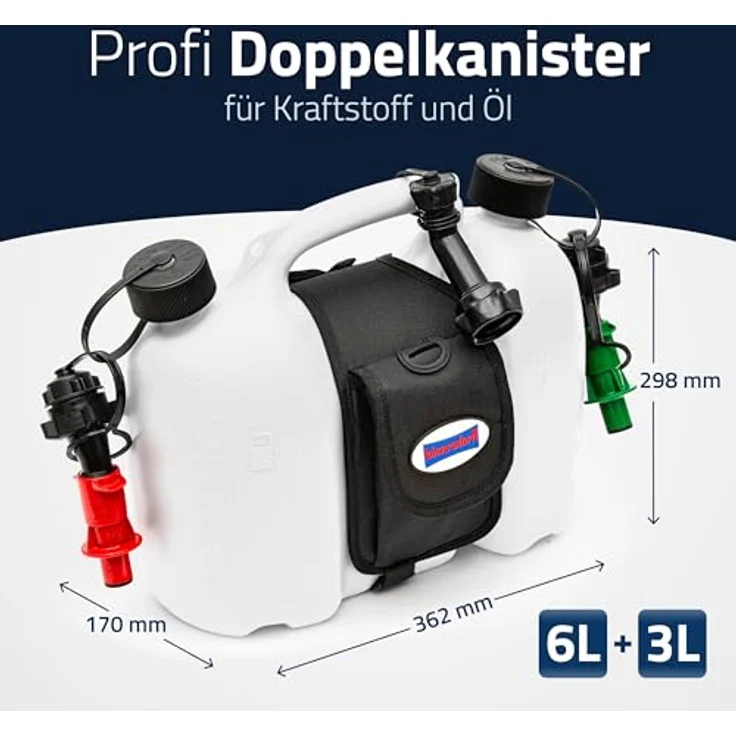 hünersdorff PROFI Doppelkanister - Kombikanister für Kraftstoff und Öl mit Satteltasche und zwei Einfüllsystemen, 6 + 3 Liter, UN-Zulassung, Made in Germany – Bild 3