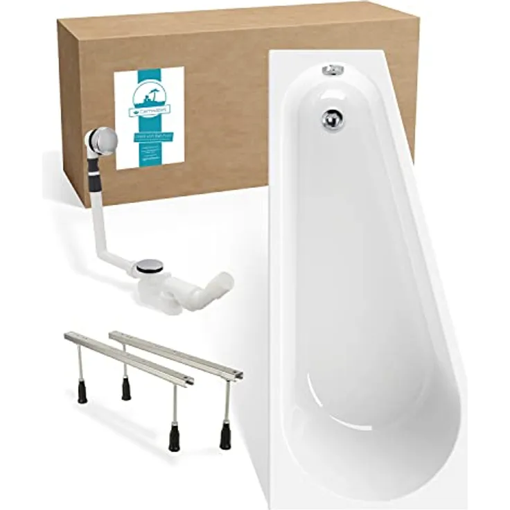 Calmwaters® Raumsparende Eckbadewanne 160x70 cm, Set mit Acrylwanne Essential Small, Wannenfüße, Ab- und Überlaufgarnitur, platzsparende Badewanne rechter Ausführung, 160 x 70 cm, Weiß, 99000326