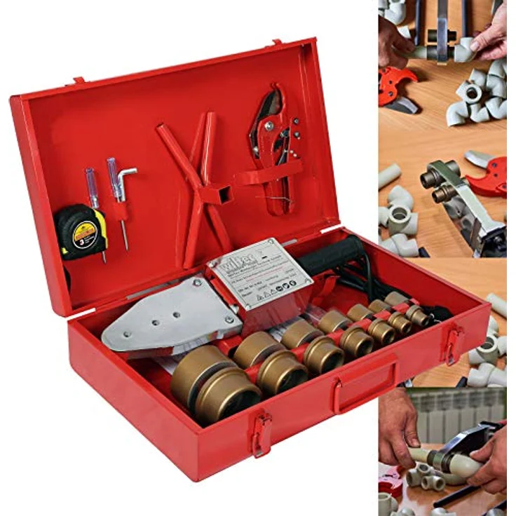 Wiltec PE-Rohr Schweißgerät 2000 W bis 300°C, inkl. 6 Heizdorne 16-63 mm, ergonomischer Griff, Metallkoffer – Bild 1