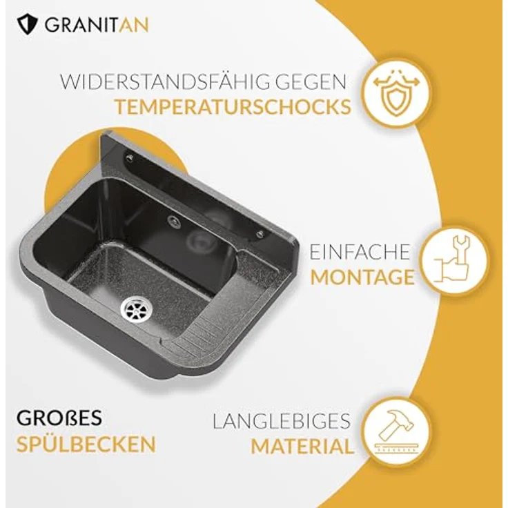 Granitan Kunststoffspüle Ausgussbecken aus Polypropylen - Waschtrog mit Siphon 50x34x31 cm, Waschbecken, Garagenspüle mit FLEX-Spülbeckenarmatur, resistent gegen Flecken und Verfärbungen, in hochwertigem Weiß. – Bild 2