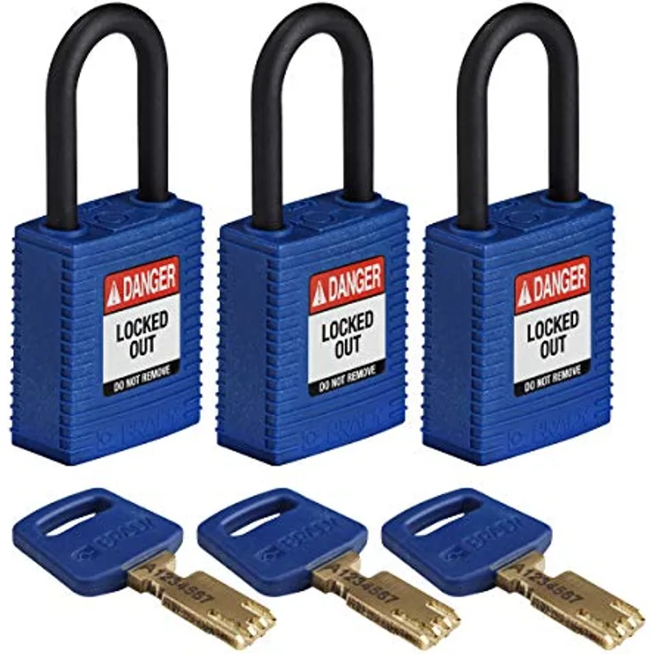 Brady (NYL-BLU-38PL-KA3PK) SafeKey Nylon Lockout-Vorhängeschloss Mit Nylon Bügel 38.00 mm Blau KA - Gleichschließende Schlösser 3 Stück